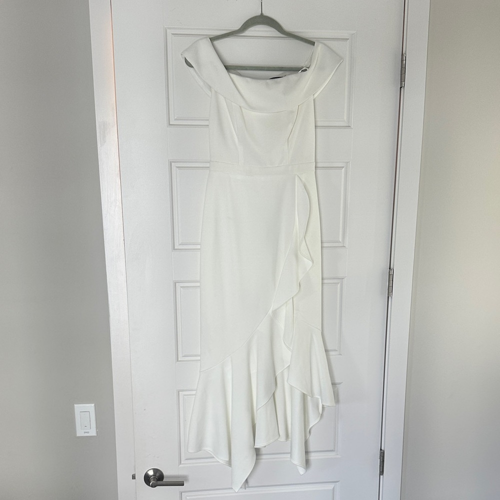 Aqua White One-Shoulder Ruffle Midi Dress